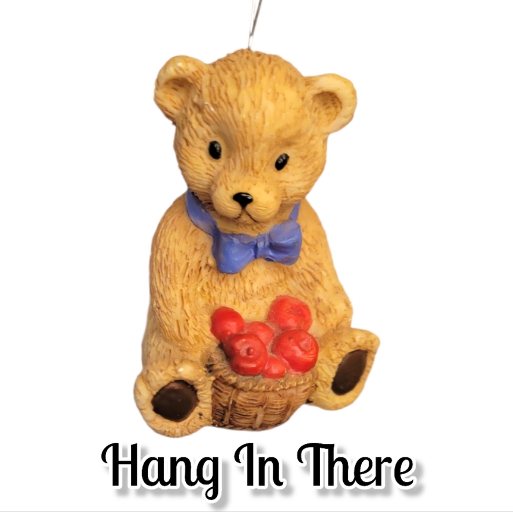 Vtg Bear Figurine Ornament Apples Basket Bowtie